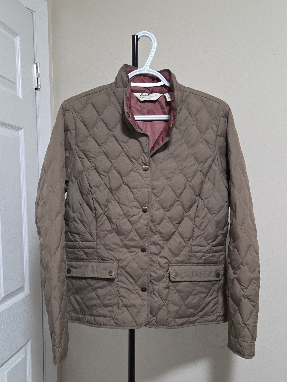 Eddie Bauer Quilted Button-Front Jacket in Taupe with Mauve Lining
